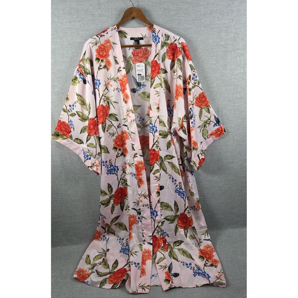 Forever 21 Kimono Robe Beach Cover Pink Floral Festival Chiffon Cardigan Y2K NEW